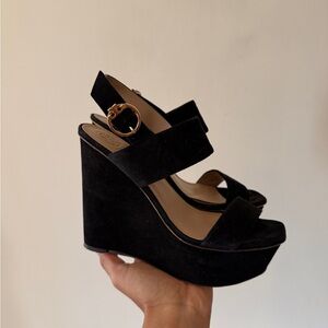 Tory Burch Loretta Black Wedge Sandals with Gold Buckle
